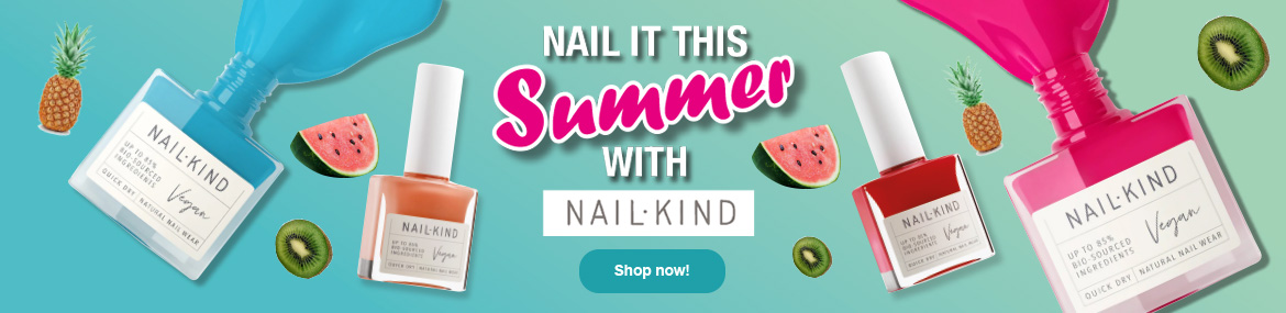 Image of bottles of Nailkind varnish and summer fruits and the text nail it this summer with Nailkind